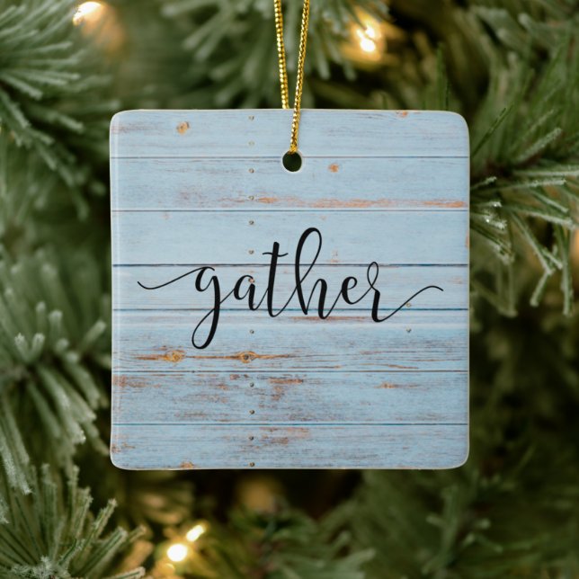 Country Blue “Gather” Script Farmhouse Ceramic Ornament (Tree)