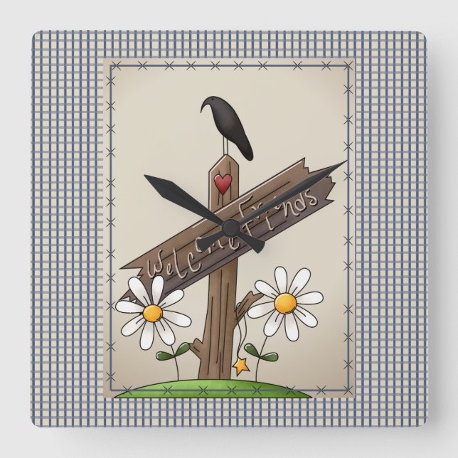 Country Blue Gingham Welcome Friends Square Wall Clock (Front)