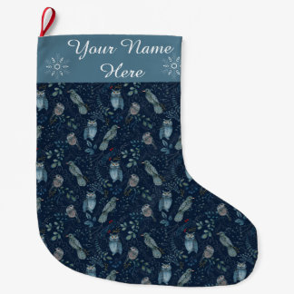 Country Blue Owl Feminine Dove Custom Name Large Christmas Stocking