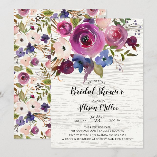 Country Blue Plum Floral Bridal Shower Invitation (Front/Back)