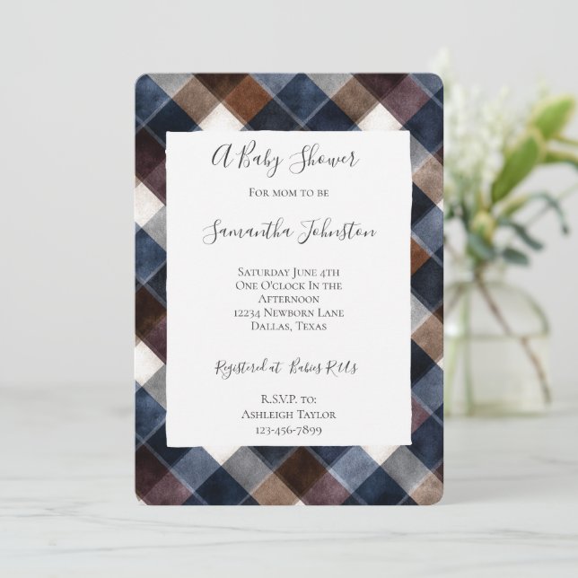 Country Blue Red White Squares Baby Shower Invitation (Standing Front)