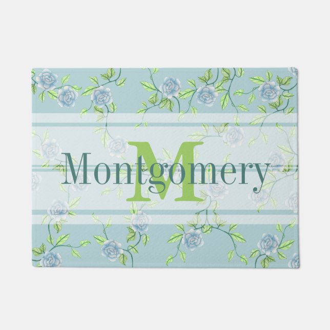 Country Blue Roses Farmhouse Chic Family Name Doormat (Front)