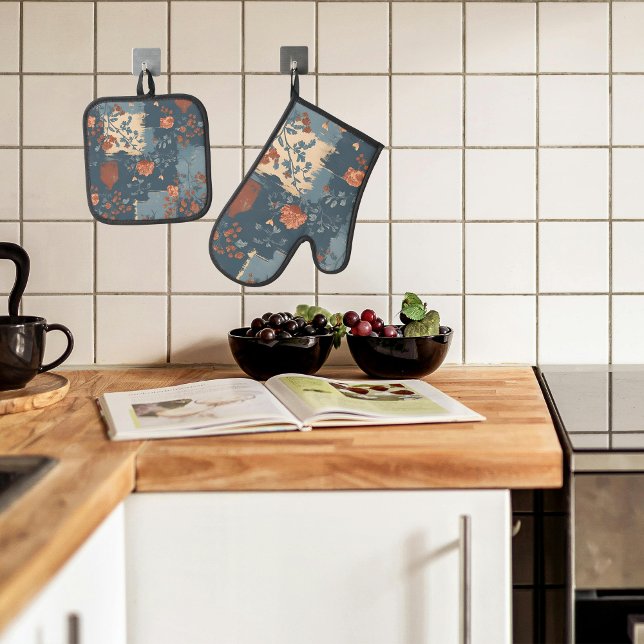 Country Blue Rust Rustic Farmhouse  Oven Mitt & Pot Holder Set (Creator Uploaded)