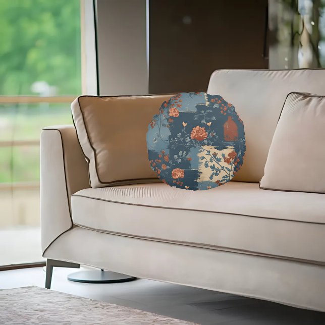 Country Blue Rust Rustic Farmhouse  Round Cushion (Creator Uploaded)