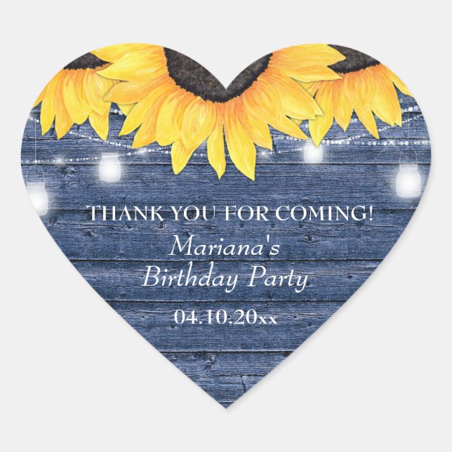 Country Blue Sunflower on Wood Birthday Heart Sticker (Front)