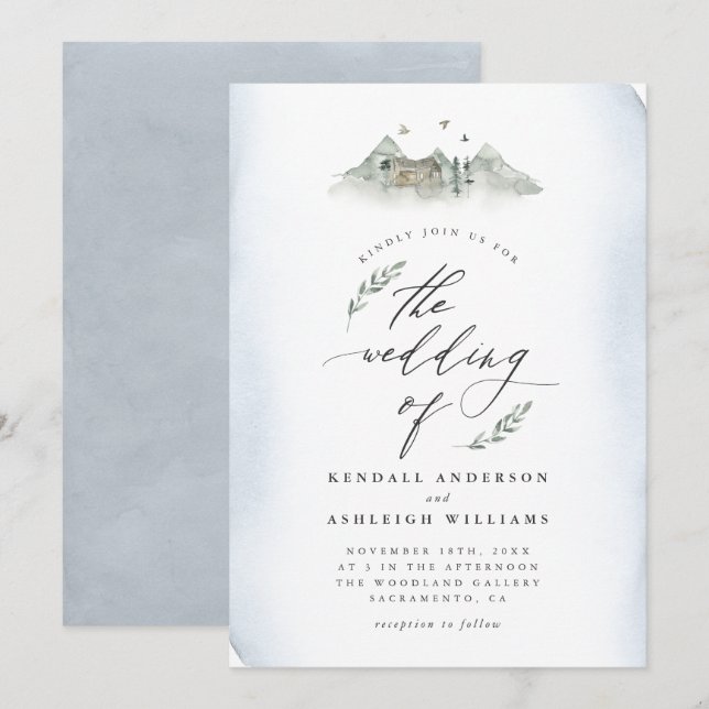 Country Blue Watercolor Leaves & Mountain Wedding Invitation (Front/Back)