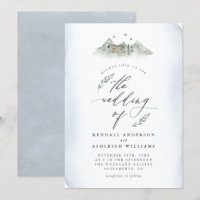 Country Blue Watercolor Leaves & Mountain Wedding