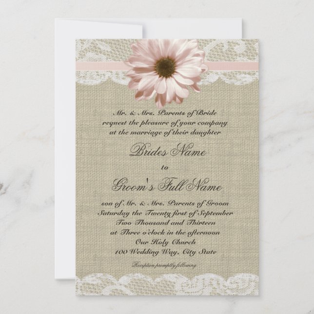 Country Blush Daisy and Lace Rustic Burlap Wedding Invitation (Front)
