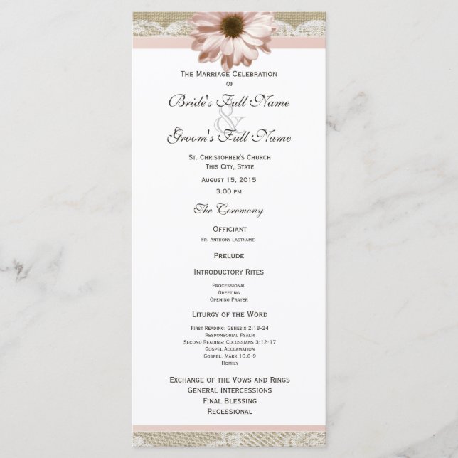 Country Blush Daisy and Lace Wedding Program Programme (Front)