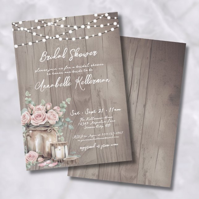 Country Blush Pink Roses Rustic Wood Bridal Shower Invitation (Country Blush Pink Roses Rustic Wood Bridal Shower Invitation)