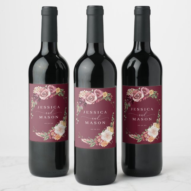 Country Boho Burgundy Eucalyptus Wedding Wine Labe Wine Label (Bottles)