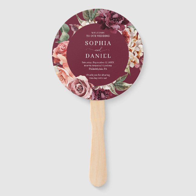 Country Boho Rose Round Gold Wedding Program Fan (Front)