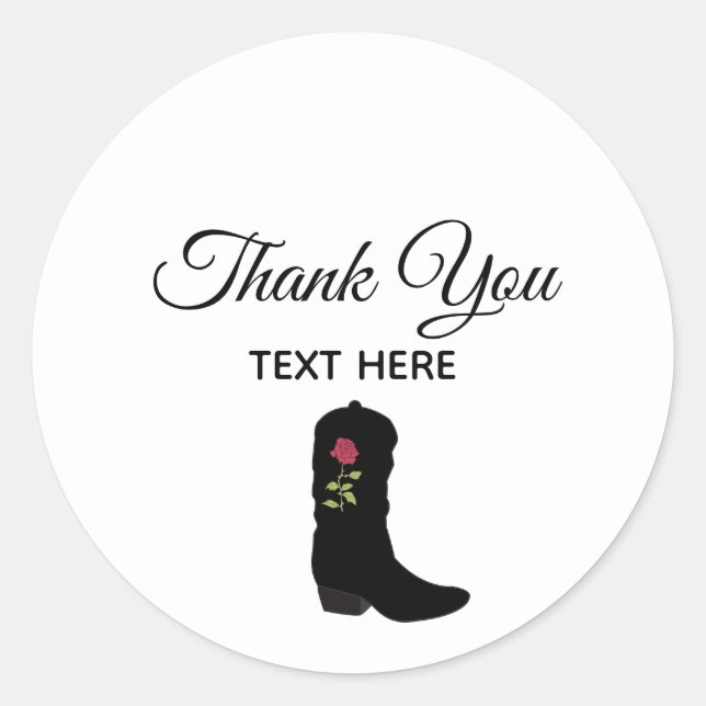Country Boot & Calligraphy on White Thank You Classic Round Sticker (Front)