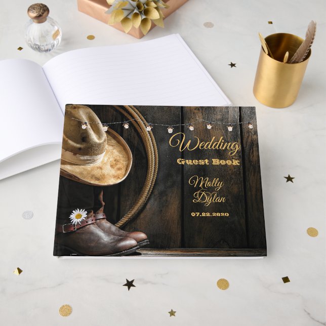 Country Boots Hat, Barn Wood Wedding Guest Book (Front Open)