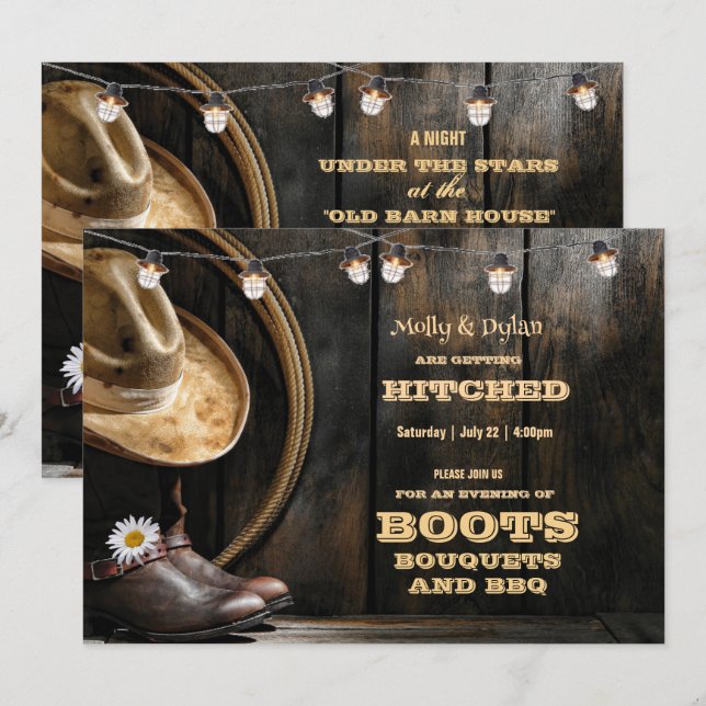 Country Boots Hat & Barn Wood Wedding Invitations (Front/Back)