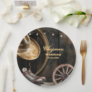Country Boots Hat, Barn Wood Wedding  Paper Plate