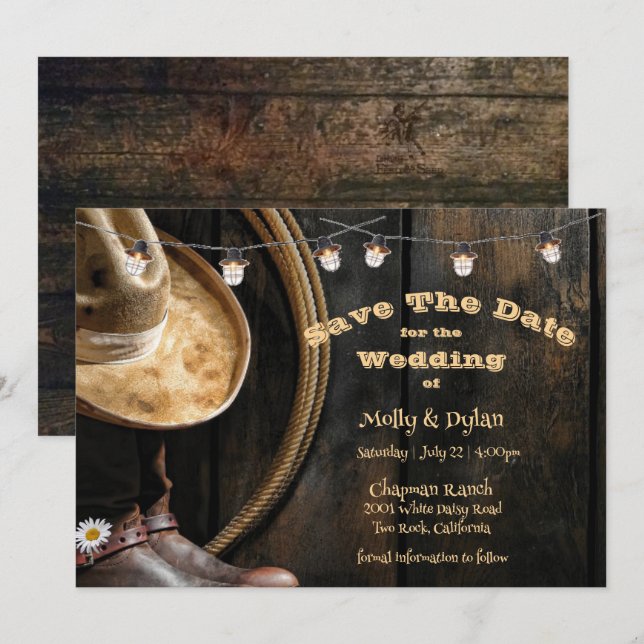 Country Boots Hat & Barnwood Save The Date Invitation (Front/Back)