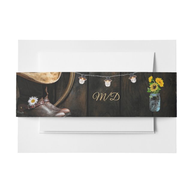 Country Boots Hat, Barnwood Wedding Invitation Belly Band (Front Example)