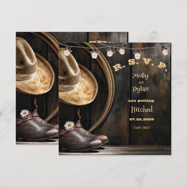 Country Boots Hat & Barnwood Wedding RSVP Card (Front/Back)