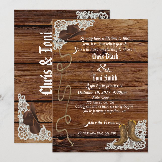 Country Boots & Lace Wedding Invite (Front/Back)