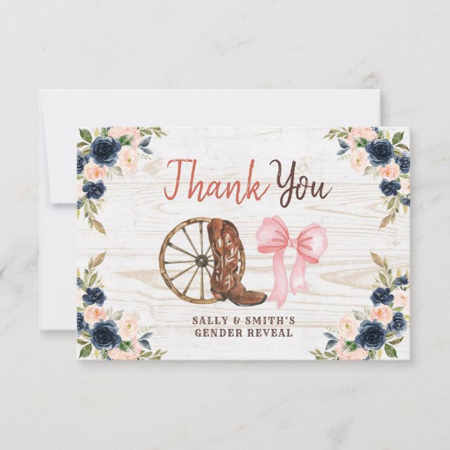 Country Boots or Bows Gender Reveal Thank You Card (Front)