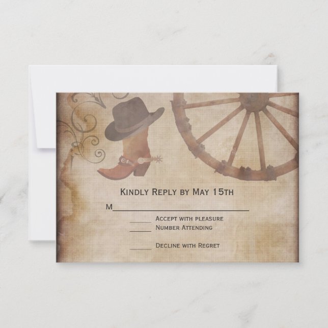 Country Boots Wagon Wheel Wedding RSVP Cards (Front)