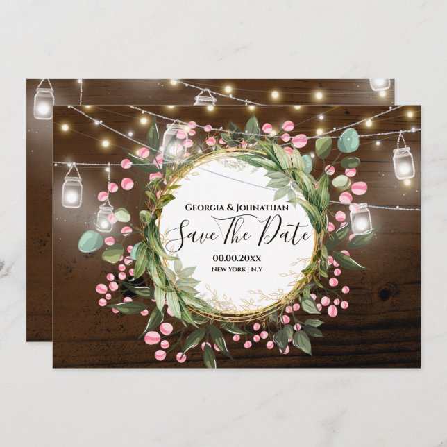 Country botanical flower string lights brown wood save the date (Front/Back)