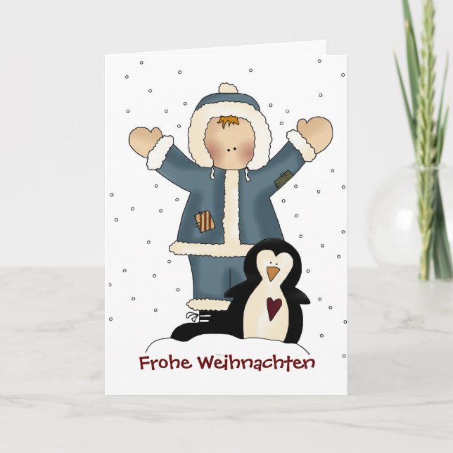 Country Boy and Penguin Christmas Greeting Card (Front)