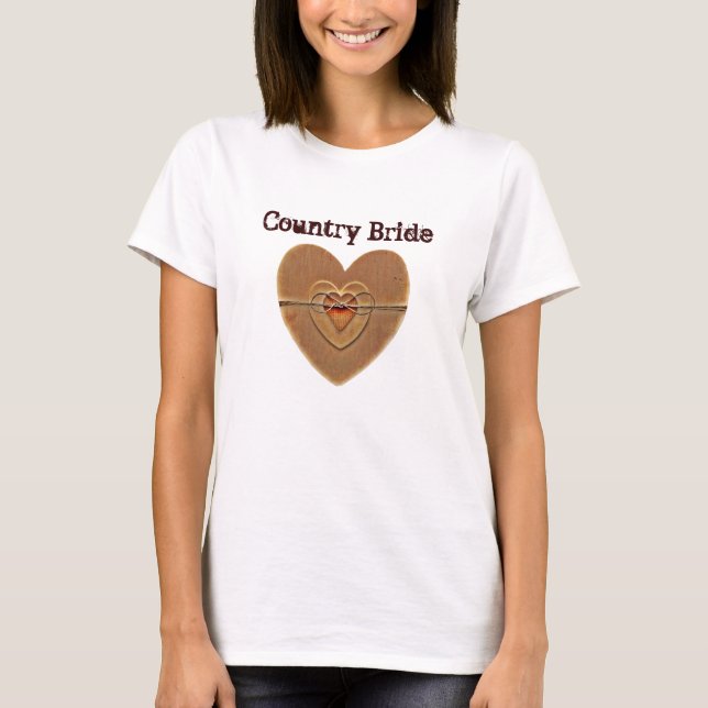 Country Bride Rustic Wooden Hearts Twine Bow T-Shirt (Front)
