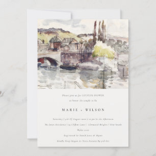 Country Bridge Riverside Watercolor Couples Shower Invitation