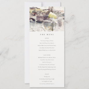 Country Bridge Riverside Watercolor Wedding Menu Invitation