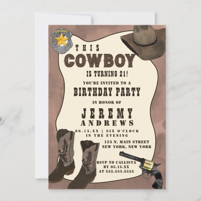 Country Brown Cowboy Watercolor Birthday Invitation (Front)