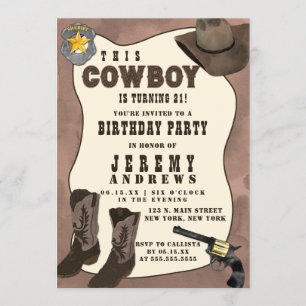 Country Brown Cowboy Watercolor Birthday Invitation