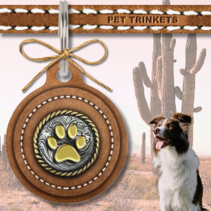 Country Brown Leather and Western Pawprint Concho Pet Tag