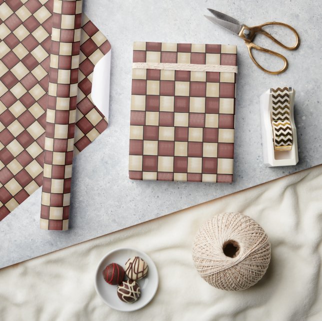  Country Burgundy and Tan Checked  Wrapping Paper (Crafts)