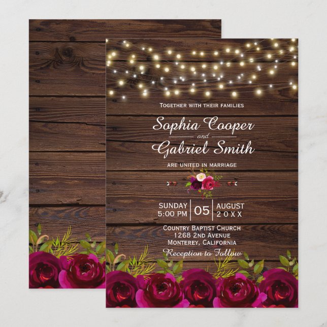 Country Burgundy Floral String Lights Wood Wedding Invitation (Front/Back)