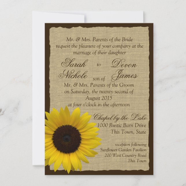 Country Burlap and Sunflower Wedding Invitation (Front)
