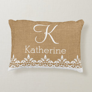 Country Burlap and white damask lace monogram Decorative Cushion