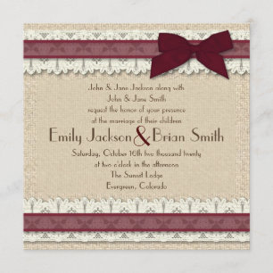 Country burlap burgundy ribbon wedding invitations