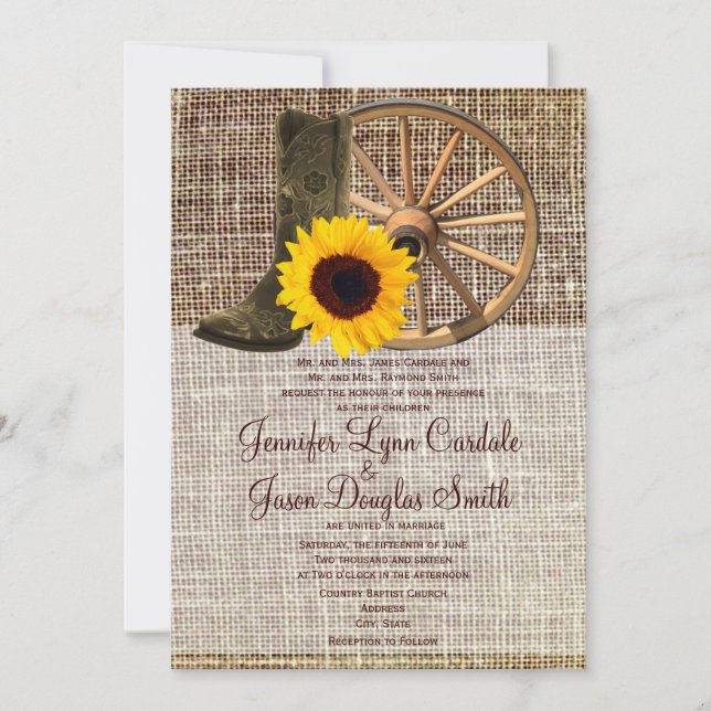 Country Burlap Cowboy Boots Sunflower Wedding Invitation (Front)