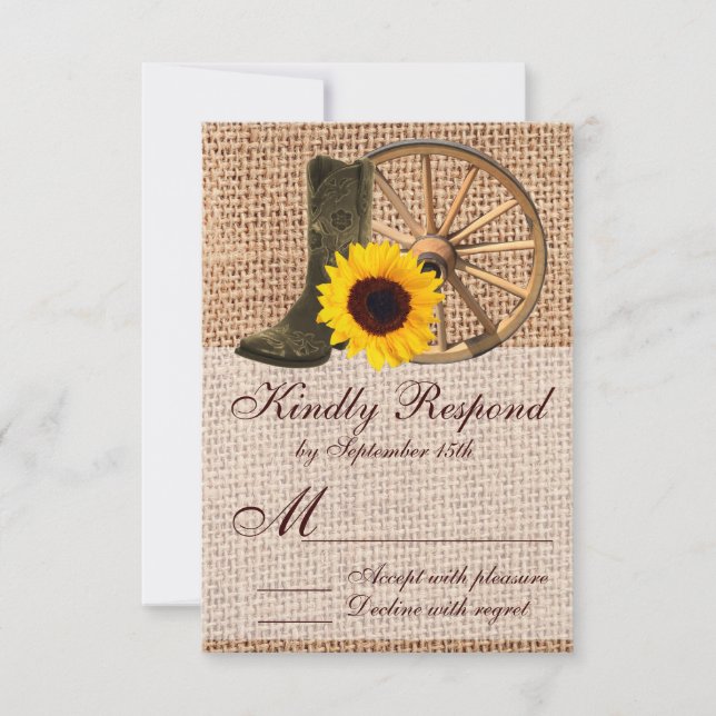 Country Burlap Cowboy Boots Sunflower Wedding RSVP (Front)