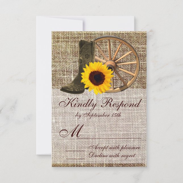 Country Burlap Cowboy Boots Sunflower Wedding RSVP (Front)