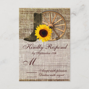 Country Burlap Cowboy Boots Sunflower Wedding RSVP Card