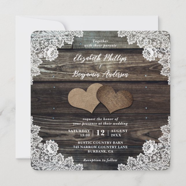 Country Burlap Hearts Floral Lace Wood Wedding Invitation (Front)