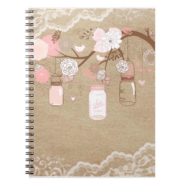 Country Burlap & Lace Mason Jar Tree Notebook (Front)