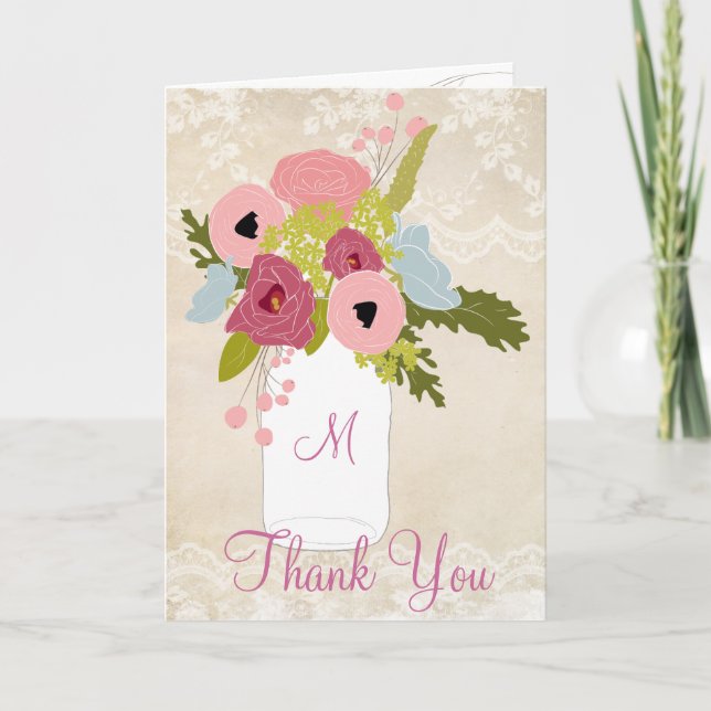 Country Burlap Lace Mason Jar Wedding Thank You (Front)