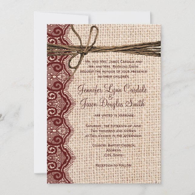 Country Burlap Maroon Lace Twine Wedding Invites (Front)