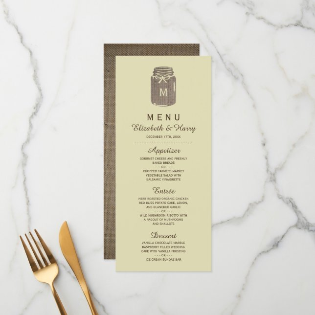 Country Burlap Mason Jar Wedding Menu (Front/Back In Situ)