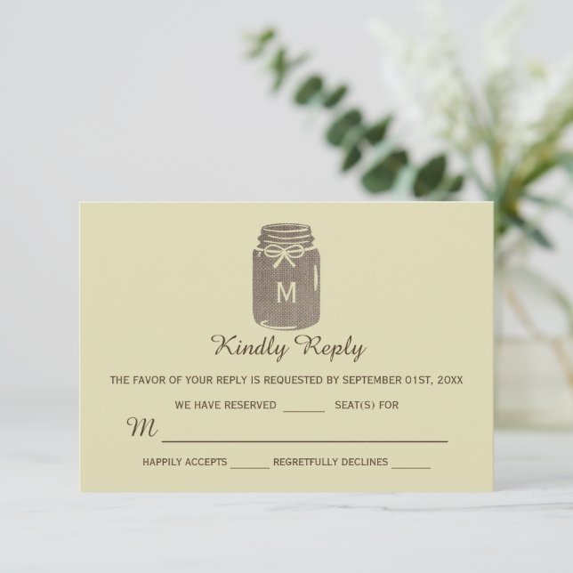 Country Burlap Mason Jar Wedding RSVP Card (Standing Front)