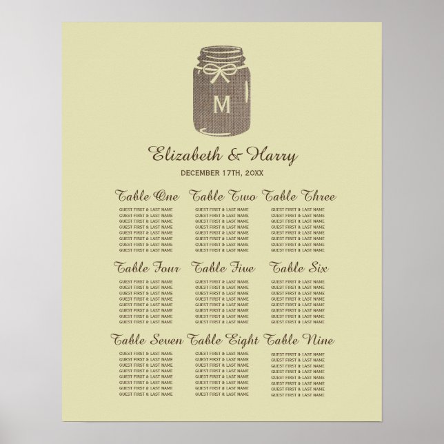 Country Burlap Mason Jar Wedding Seating Chart (Front)